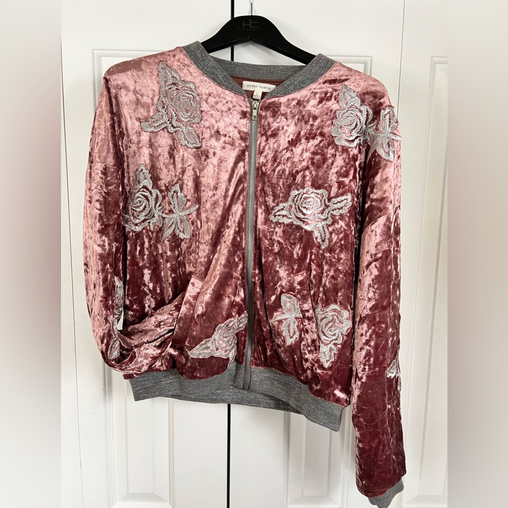 Crushed pink velvet Honey Punch bomber jacket